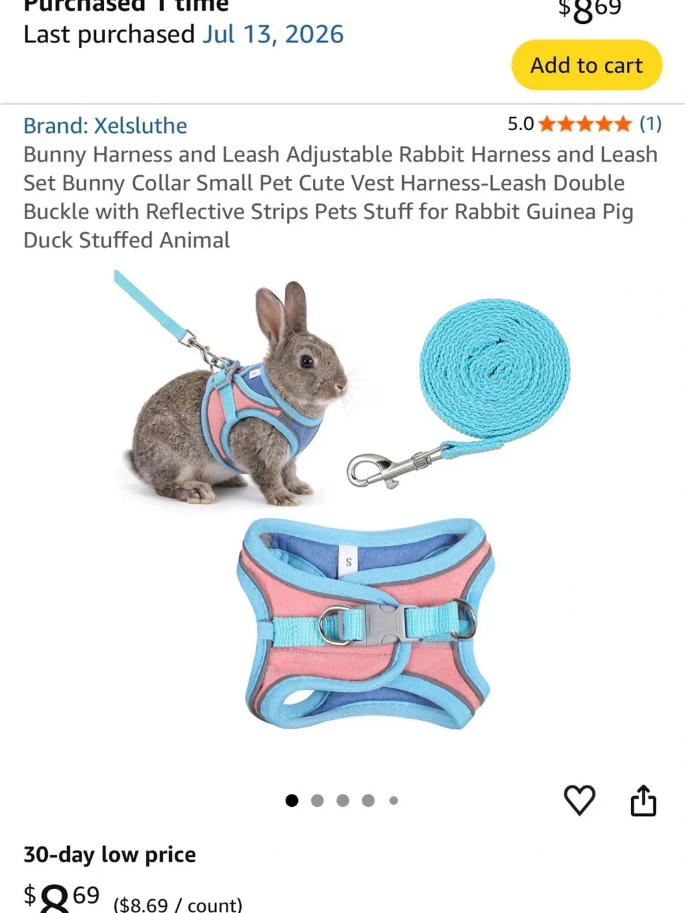 Small Pets Adjustable Rabbit Harness and Leash - Pink & Light Blue